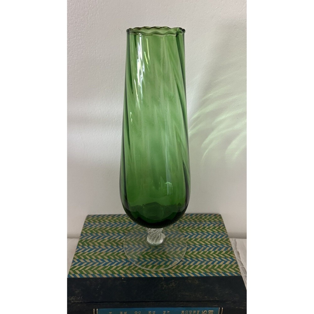 Vtg Enesco Imports Art Glass Vase Green Optic Swirl Swirl Crystal Pedestal MCM